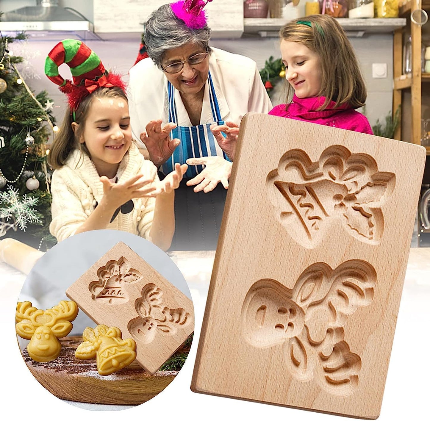 Wooden Cookie Biscuit Mold, 3D Baking Mold, Embossing Craft Decorating Baking Tool, Suitable for Halloween Thanksgiving Christmas Kitchen DIY (Bell Deer)
