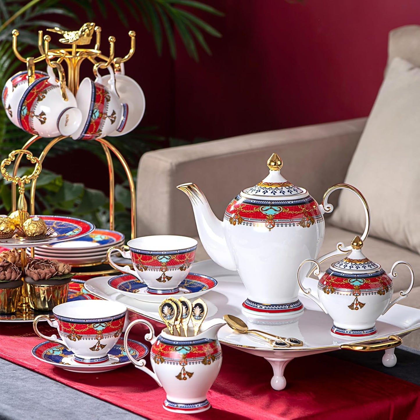 Euro Style Bone China Tea Set, Tea Sets For 6 Adults, Bone China Tea Cup Set With Teapot Spoons, Sugar Bowl, Creamer Pitcher, Tea Set for Women, Tea Party Set, Gift Package (21, Vienna)