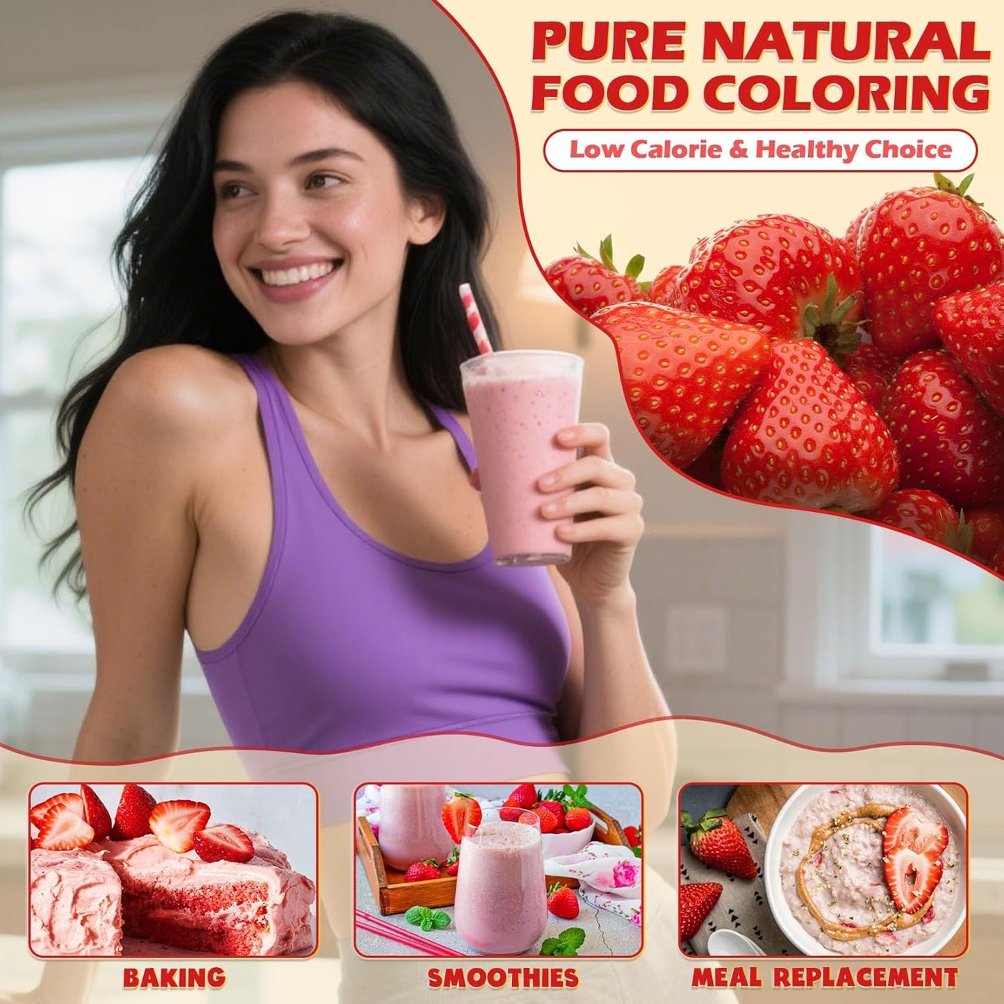 Strawberry Powder - 100% Pure Freeze Dried Strawberries Fruit Powder, Vegan & No Additive Strawberry Flavoring Natural Food Coloring for Baking, Drinks, Cakes, Icing and Smoothies - 3oz