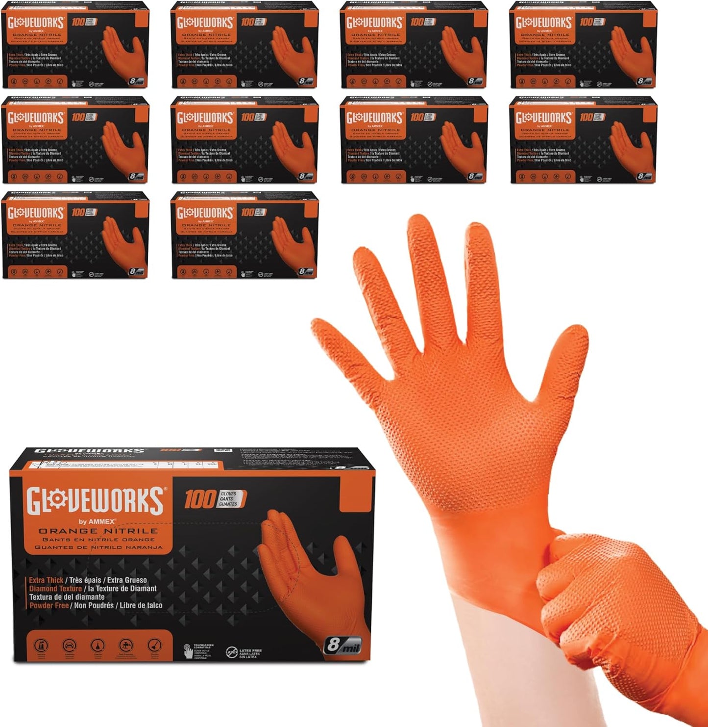 GLOVEWORKS Heavy-Duty Nitrile Gloves, Disposable, Latex Free, 8 Mil, Orange, Diamond Grip Glove