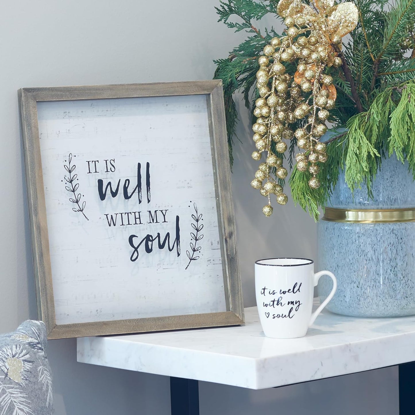Christian Art Gifts Microwave & Dishwasher Safe Encouraging Ceramic Coffee & Tea Mug for Women & Men: It is Well With My Soul Inspirational Non-toxic Novelty Heart Beverage Cup, White & Black, 12 oz.