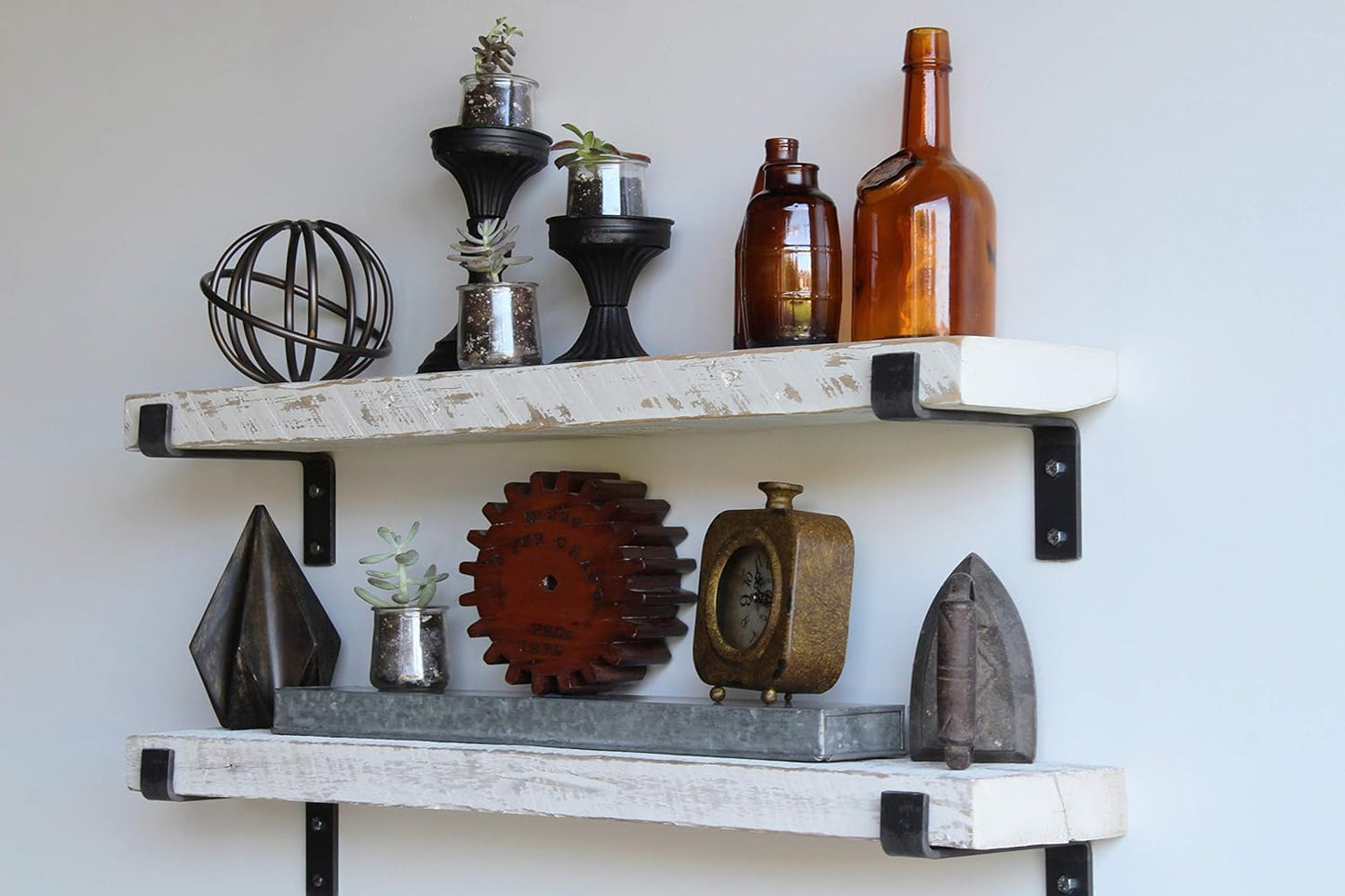 Urban Legacy Accent Shelves | Reclaimed Barn Plank | Set of 2 with Full Brackets (White Wash 48"x 7"x 2")