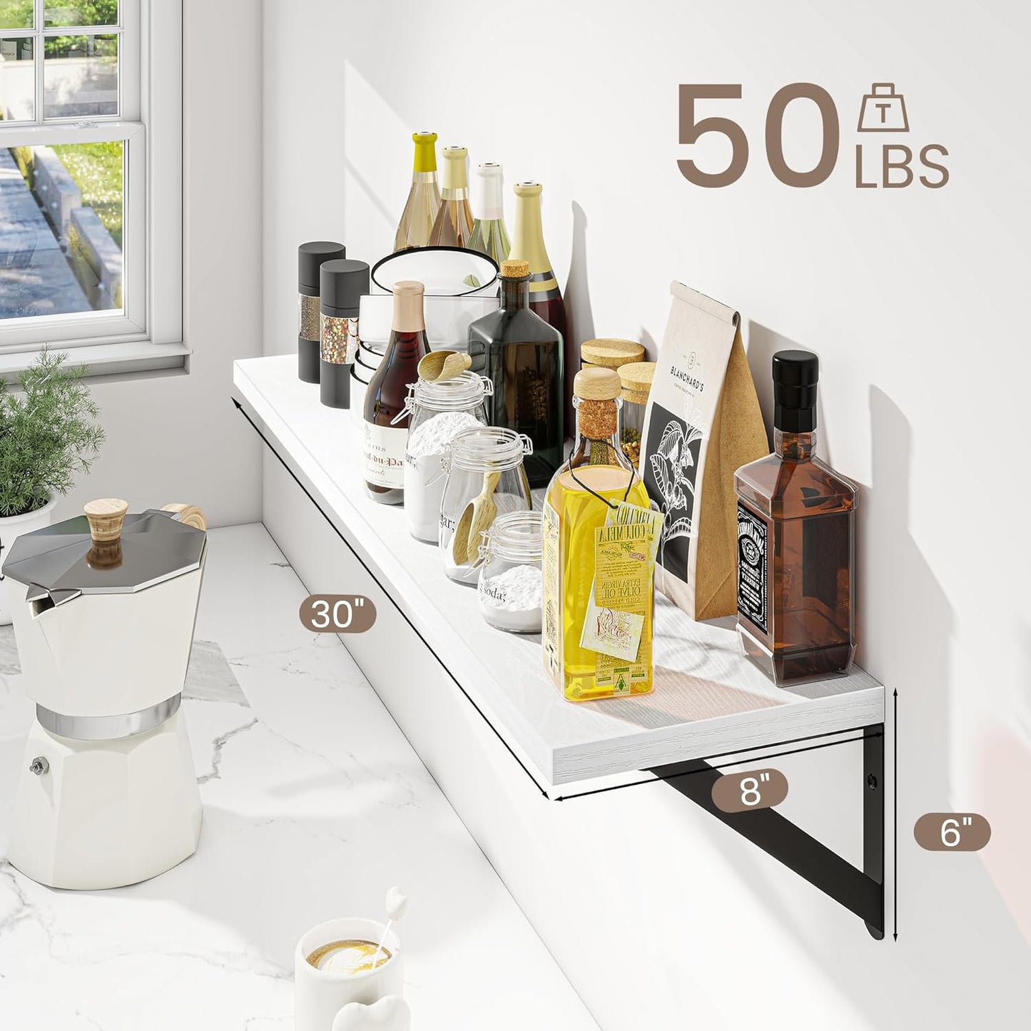 Dreamland Deep Floating Shelves for Wall, 30W x 8D Wall Shelves, Set of 2, 30 inch Floating Shelf with Sturdy Metal Brackets for Living Room, Bathroom, Bedroom and Kitchen, White