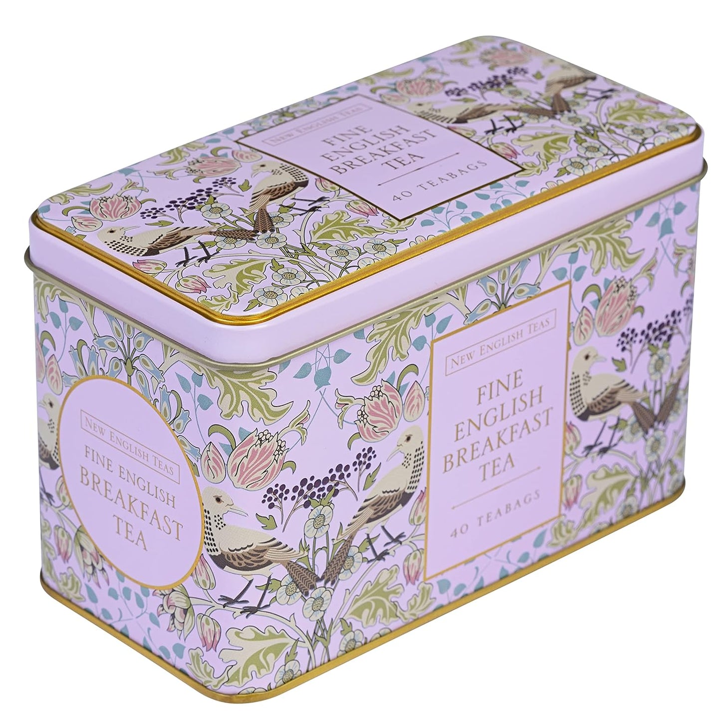 New English Teas Song Thrush and Berries Tea Tin in Pink with 40 English Breakfast Teabags