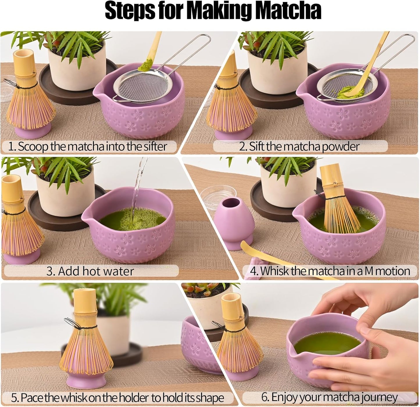 Matcha Whisk Set - Traditional Japanese Handmade Bamboo Matcha Whisk and Holder, Matcha Bowl,Bamboo Scoop, Scoop Rest, Sifter and Tea Towel (Purple)