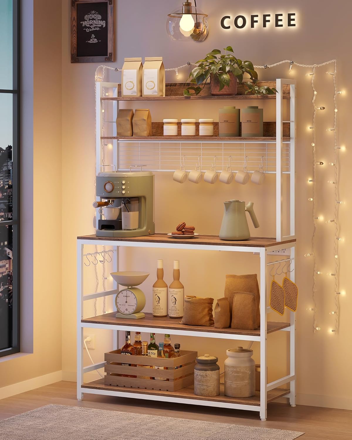 VASAGLE Hutch Bakers Rack with Power Outlet, 14 Hooks Microwave Stand, Adjustable Coffee Bar with Metal Wire Panel, Kitchen Storage Shelf, 15.7 x 39.4 x 66.9 Inches, Rustic Walnut and White UKKS038W41