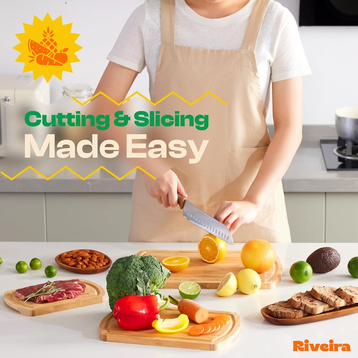 Riveira Two Tone Bamboo Wood Cutting Board – Gourmet Bamboo Grandeur: 20 x 14 Wooden Cutting Board – Wooden Cutting Boards For Kitchen Decorative – Innovative Juice Grooves Wooden Chopping Board