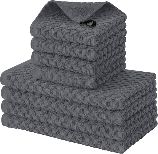 Fintale 100% Cotton Kitchen Towels and Dishcloths Set, 12 x 12 & 15 x 25 Inches, Set of 8 Bulk Super Soft and Absorbent Terry Cloth Dish Towels, Quick Drying Hand Towels with Hanging Loop, Dark Grey
