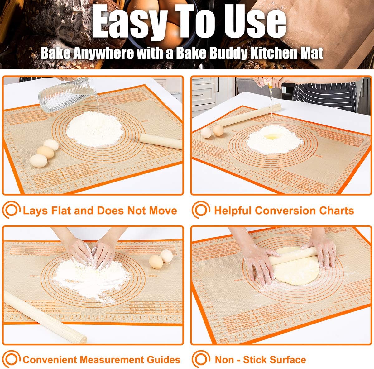 Silicone Pastry Mat 34'' By 26'' Extra Large Baking Mat with Measurements for Dough Rolling, Kneading Board, Kitchen Counter Mats, Perfect for Dough, Fondant, Pie Crust, Cookies, Bread, Pasta, Pizza