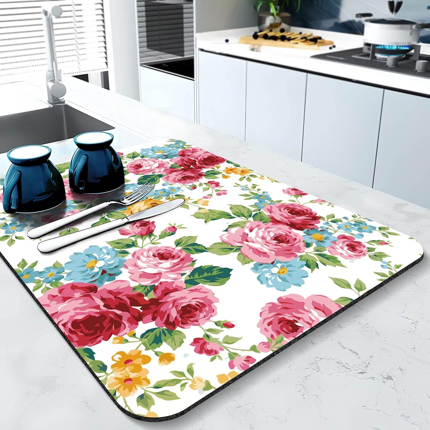 Rubber Dish Drying Mat for Kitchen Counter Large Pink Red Roses Floral Washable Quick Home Coffee Pad Fit Under Sink,Bar,Utensils 18x24in