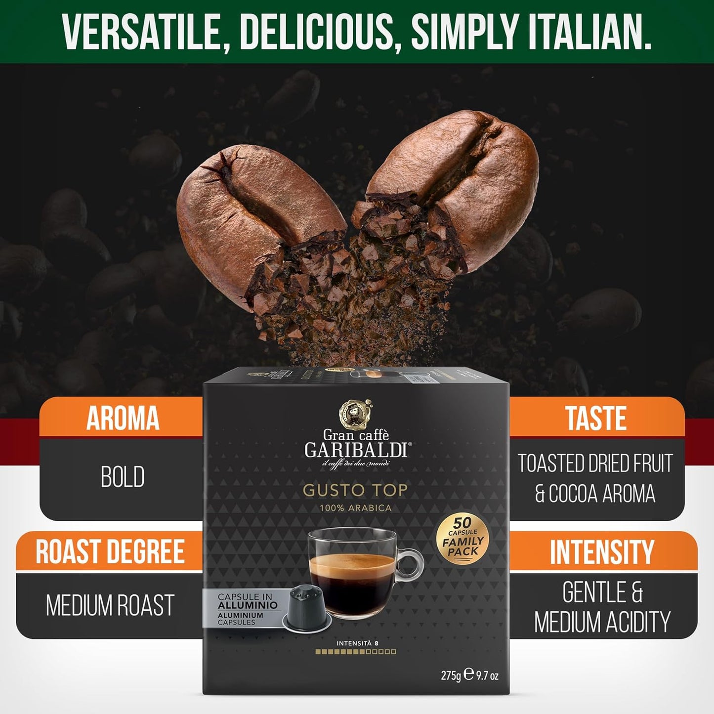 Gran Caffè Garibaldi Espresso Pods, Italian Roasted Compatible Nespresso Original Line Machines, 100% Arabica Blend, Brazilian & Central American Beans, Cocoa Aroma - Gusto Top (Aluminum) 50 Cups