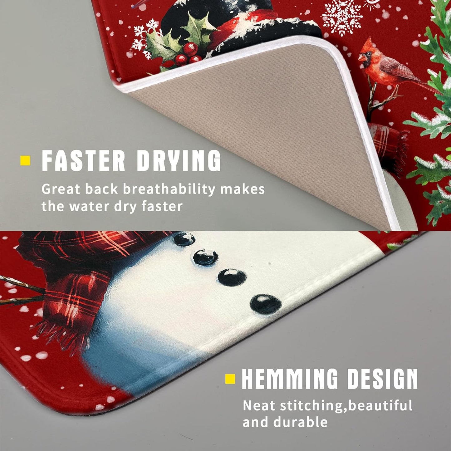 Let It Snow Winter Snowflake Red Dish Drying Mat for Kitchen Counter,Xmas Trees Snowman Cardinal Bird Drying Mat 16 x 18 Inch with High Absorbent Microfiber Drainer Mat for Coffee Bar