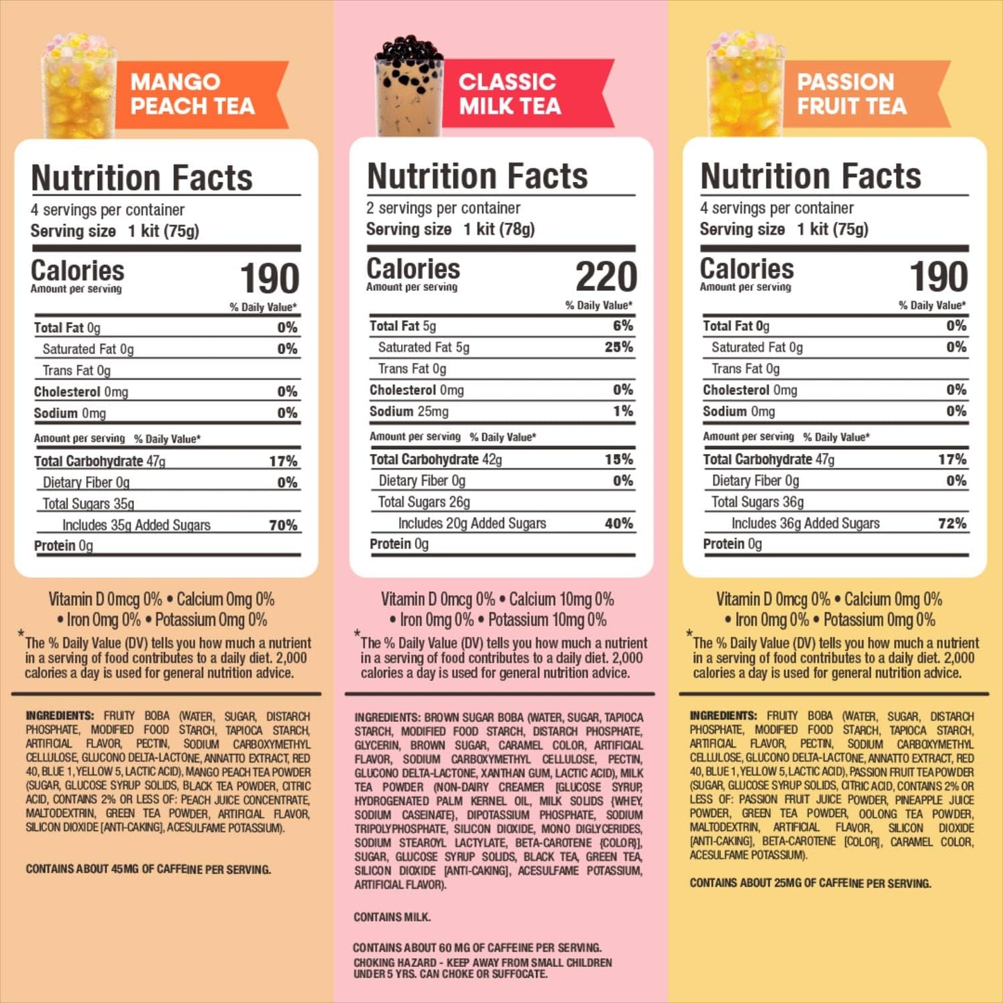 Boba Bundle Kit 10 Serv. Instant Bubble Pearl Variety Milk Tea Kit with Authentic Brown Sugar Tapioca Pearls by Yulu Foods - Ready in Under 1 Minute, Includes Paper Straws - Gift Box, Holiday (Classic, Mango Peach, Passionfruit)