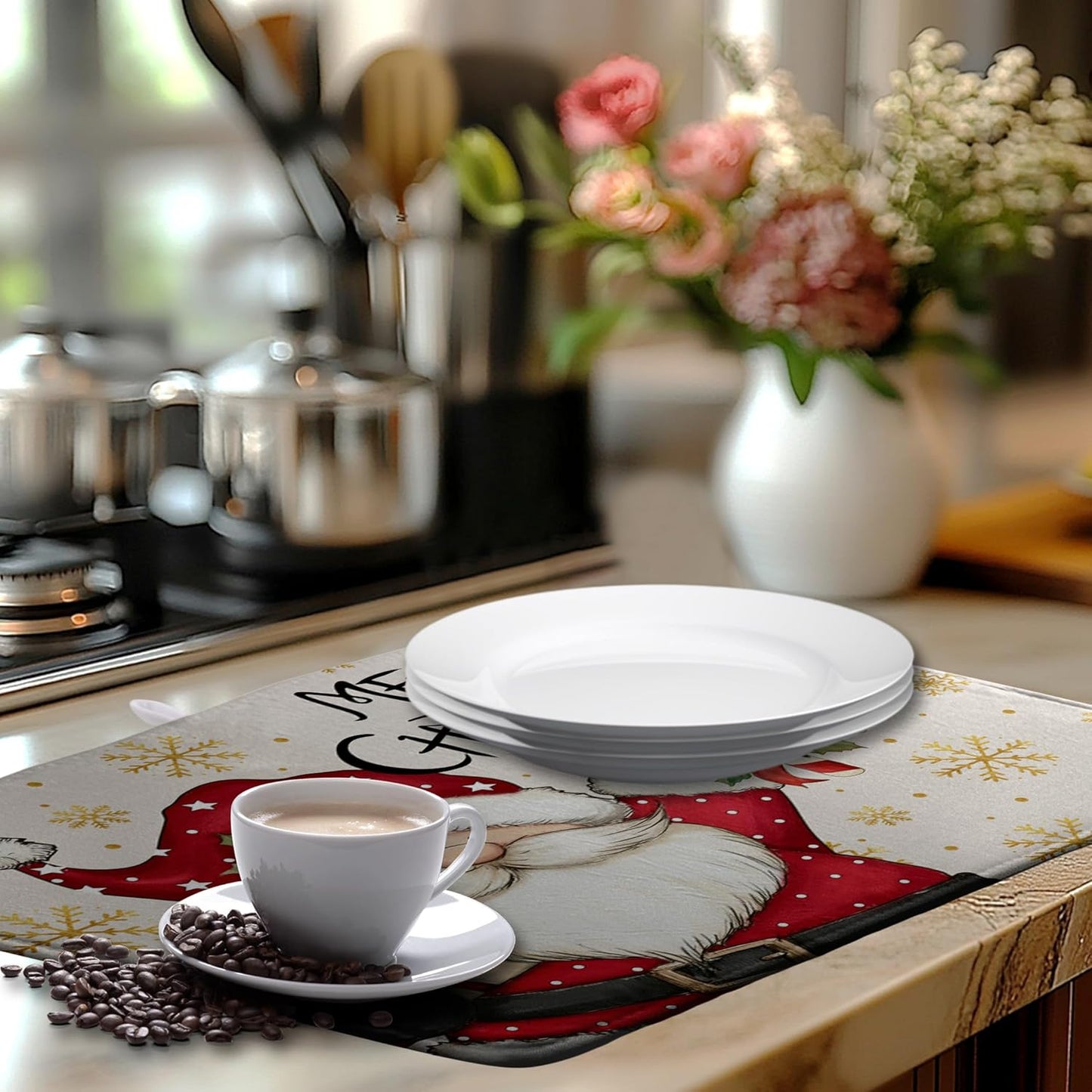 Christmas Santa Themed Dish Drying Mat Winter 18x24 Inch Large Size Drying Pad for Kitchen Counter Snowflake Dish Dry Mats Microfiber Absorbent Kitchen Decor Merry Christmas Coffee Bar Pad
