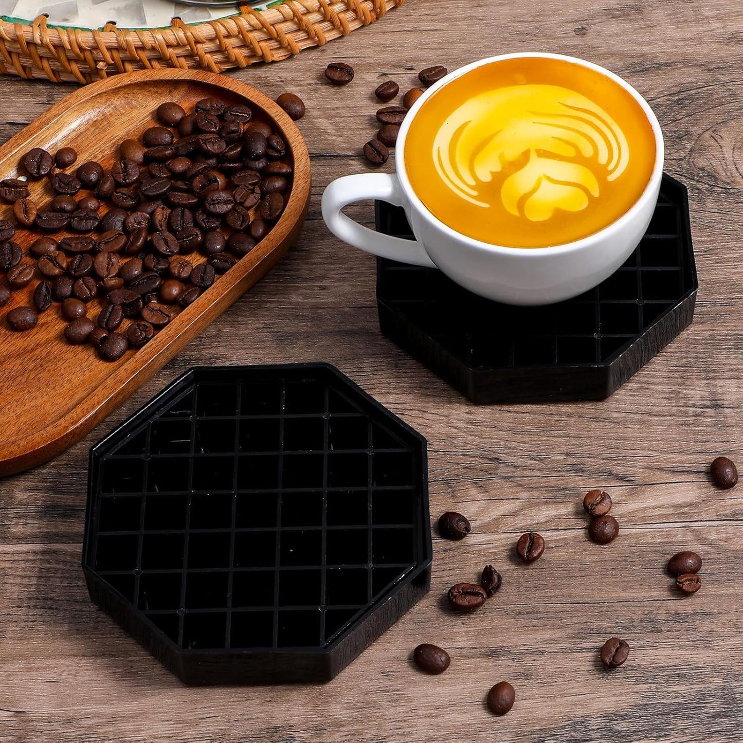 6 Pcs 4 Inch Black Plastic Octagon Coffee Drip Trays with Honeycomb Grid for Coffee, Tea, Wine