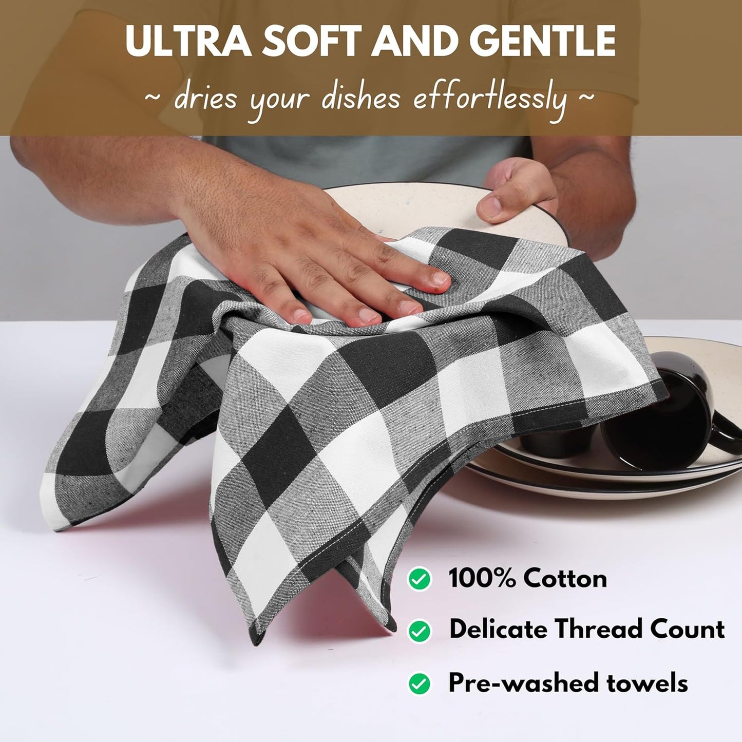 Native Fab 12-Pack Kitchen Towel with Hanging Loop 16x26 inches, Cotton Buffalo Check Kitchen Towels for Cleaning Drying, Washcloths Soft & Absorbent Cloth Rags, Bar Towel, Dish Cloth, Black