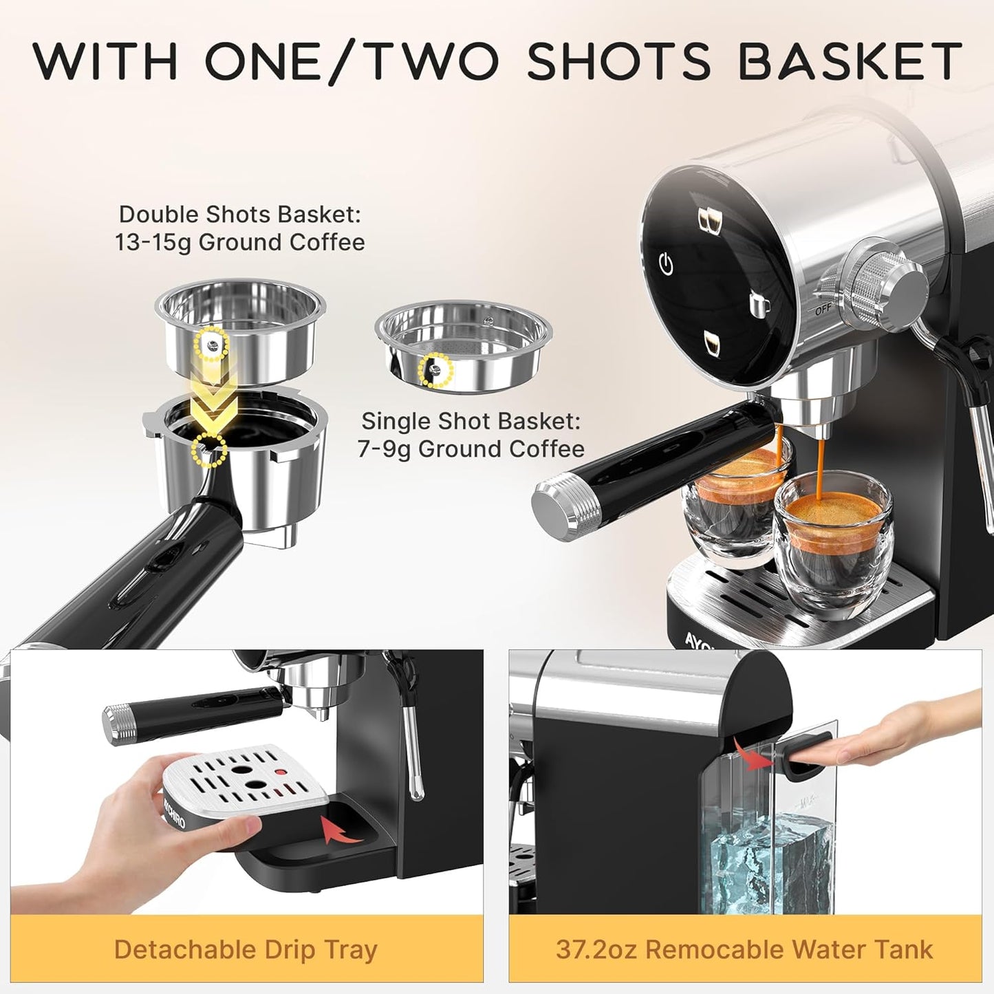 20 Bar Espresso Machine, Compact Espresso Maker with Milk Frother, Touchscreen Latte Maker with Detachable Drip Tray/Water Tank, Built-in Handle for Home and Office Use