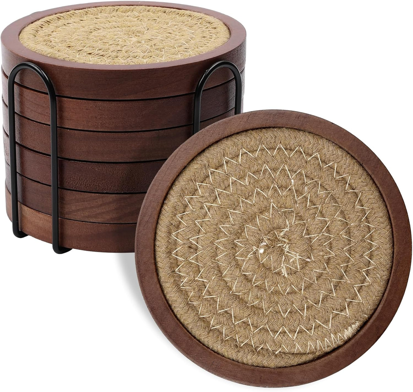 Mckanti 6 Pack Wood Coasters for Drinks with Cotton Coasters Insert, Wooden Coasters with Holder for Coffee Table Decor, Absorbent Coasters for Kinds of Cups, 4.3 Inches
