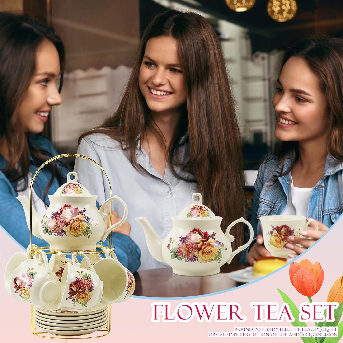 20-Pieces Porcelain Tea Sets For Women, Tea Set For Adult with Golden Metal Rack,Tea Gift Sets for Home&Party(013)