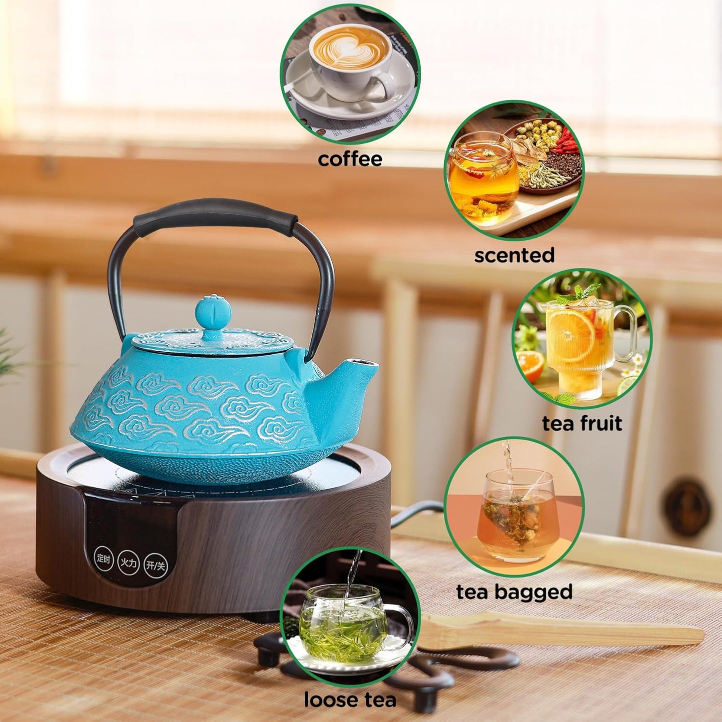 Cast Iron Teapot, Japanese Tea Pot with Infuser for Loose Leaf, Tea Kettle Stovetop Safe Coated with Enameled Interior, Clouds Pattern 27oz, 800ml Sky-Blue