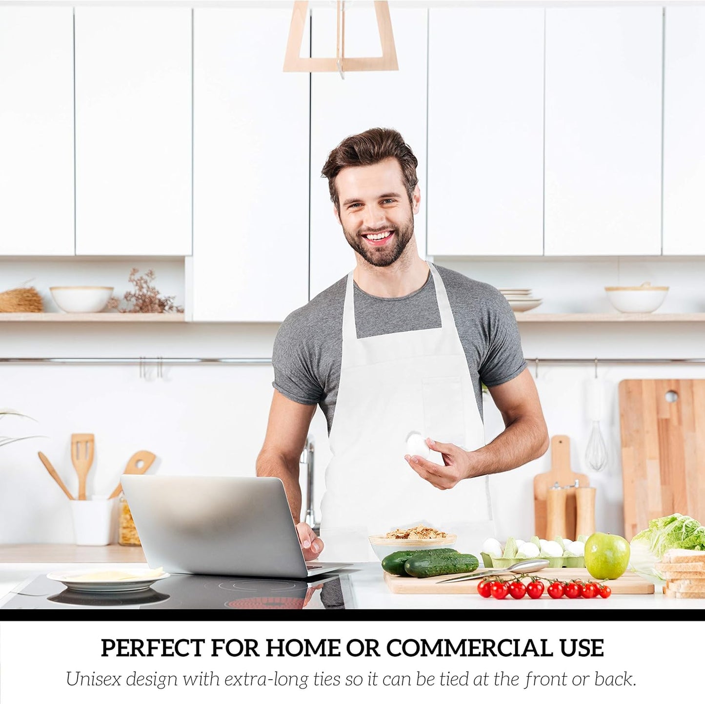 GREEN LIFESTYLE 12 Pack Chef Apron with Pockets – Grilling Aprons for Men, Waterproof Cooking Apron for BBQ, Work or Restaurant Use, Kitchen Aprons for Women with Pockets – White