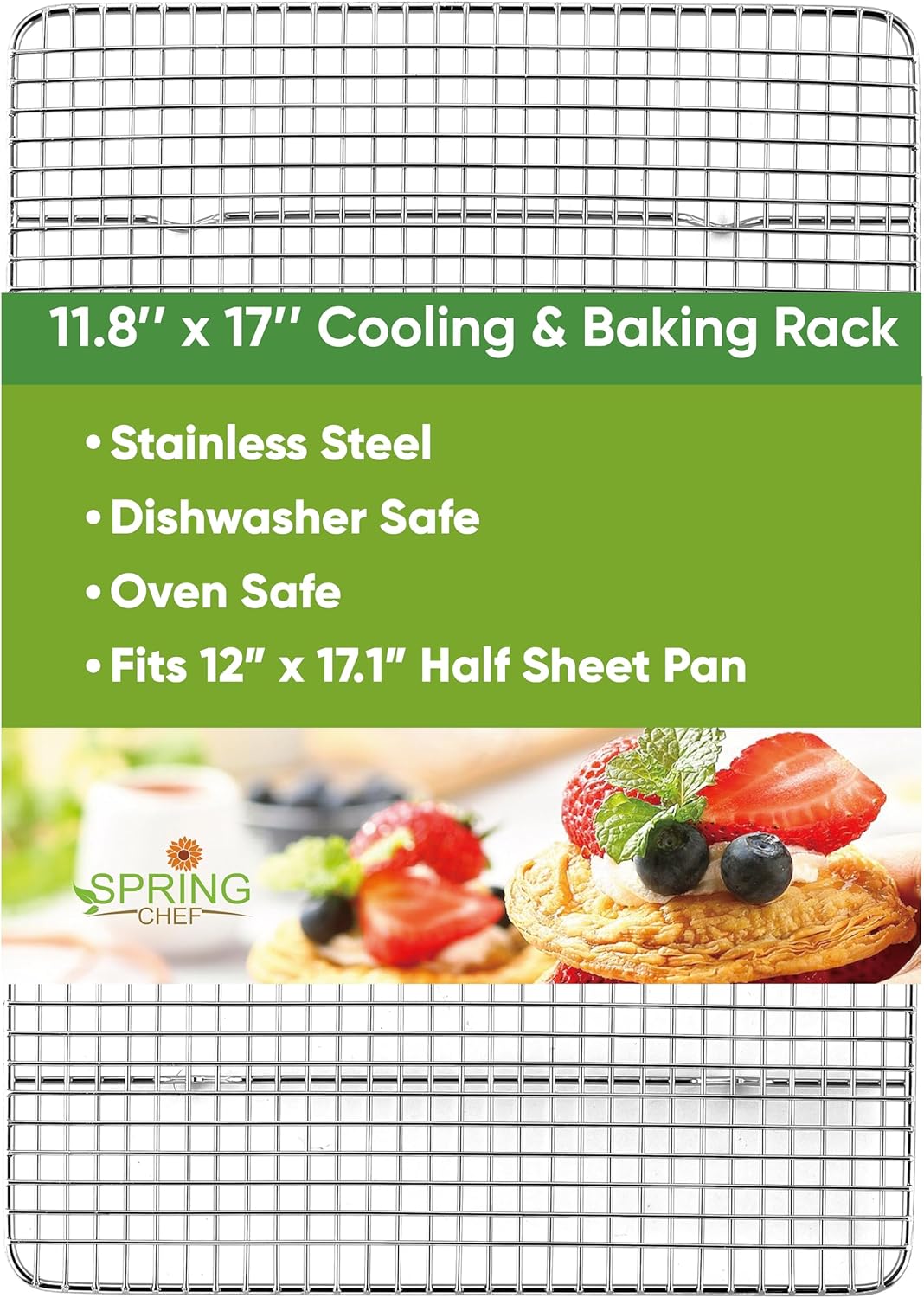 Spring Chef 11.8" x 17" Stainless Steel Cookie Cooling Rack - Oven Safe - Baking Rack for Bacon, BBQ, Jerky, Bread, Pizza, Cake - Fits Half Sheet Roasting Pan - Dishwasher Safe