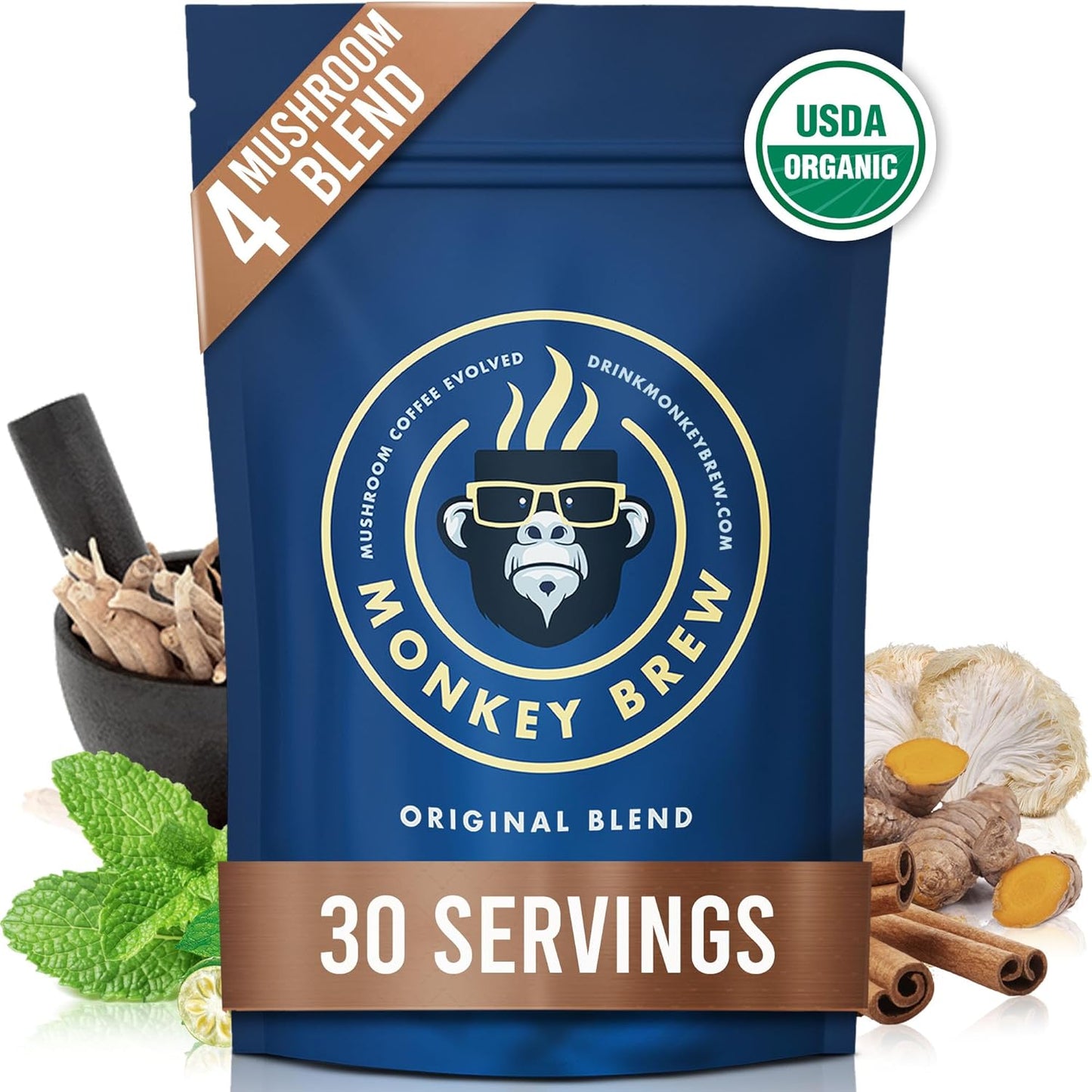 Monkey Brew Original - USDA Organic Mushroom Tea Drink - Non-Caffeinated Mushroom Coffee Alternative with Cacao Powder, Lion's Mane, Turkey Tail, Ashwagandha, Turmeric - Boosts Energy Focus & Immunity