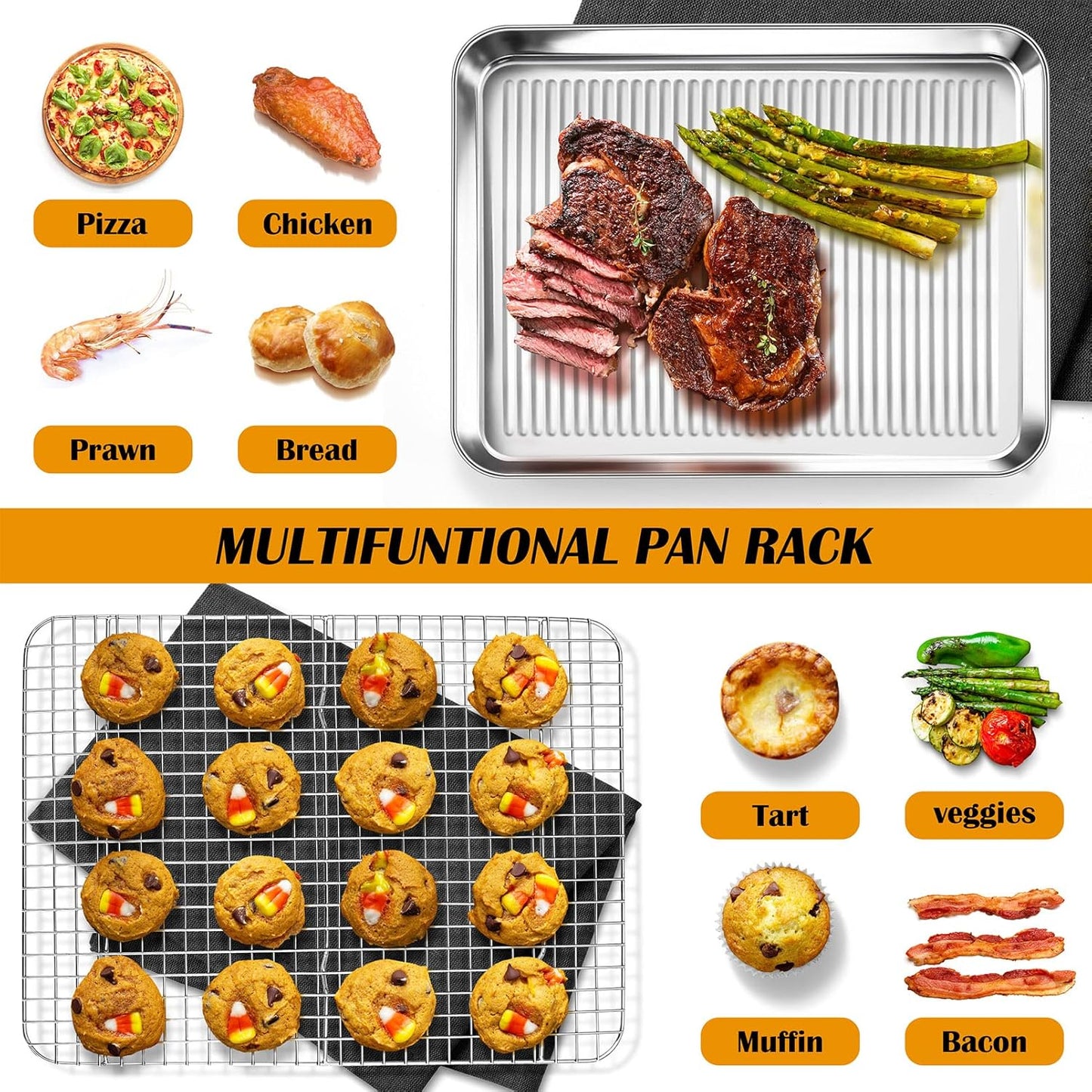 P&P CHEF Baking Oven Pan with Wire Rack, Stainless Steel Baking Oven Sheet Tray, Bacon Pan and Cooling Rack for Cooking Roasting Cookie, Dishwasher Safe & Easy Clean, 17.5 x 13 x 1 Inch