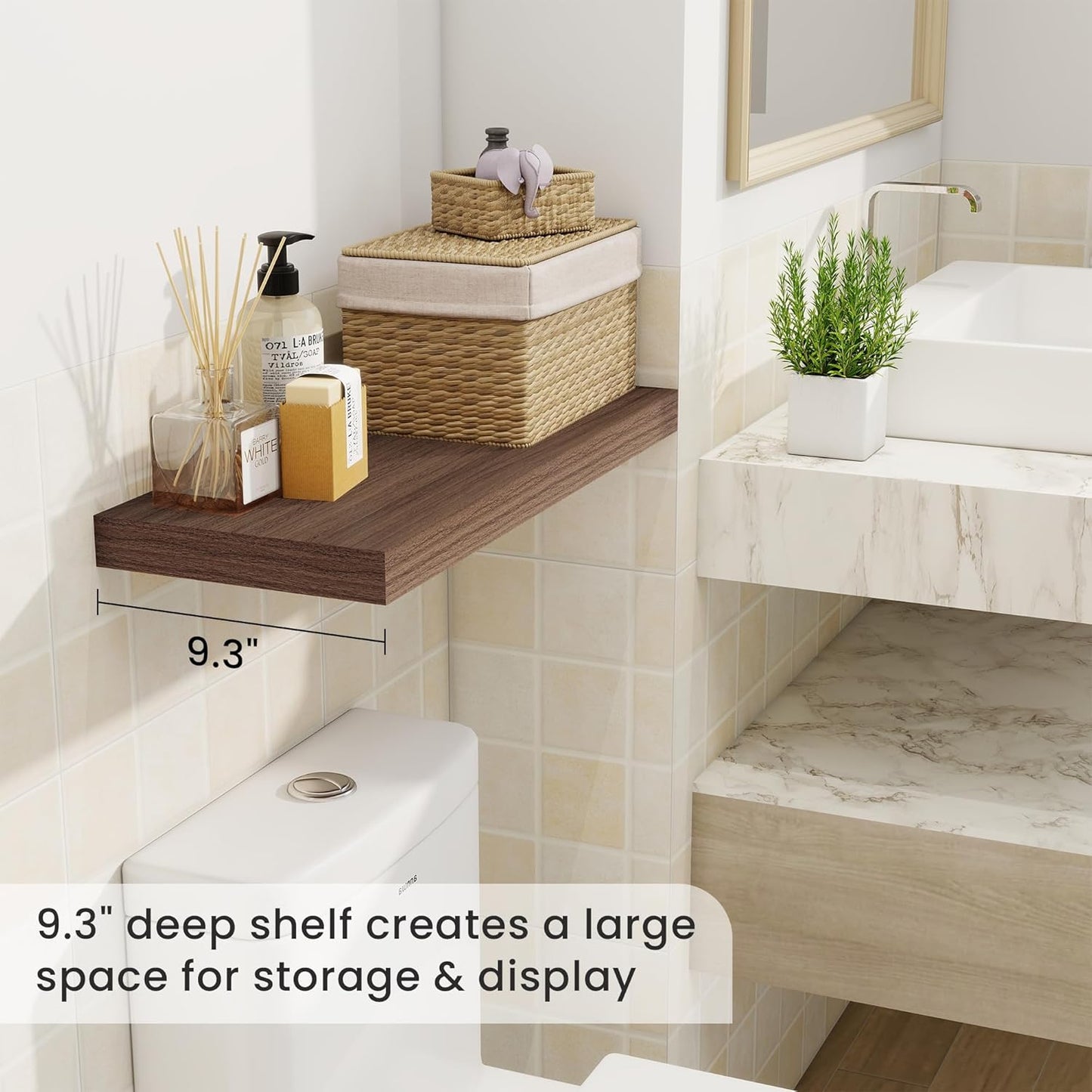 Fun Memories 24 Inch Floating Shelves for Wall, 9 Inch Deep Walnut Rustic Wood Wall Mounted Shelves for Bathroom, Kitchen, Living Room, Set of 2