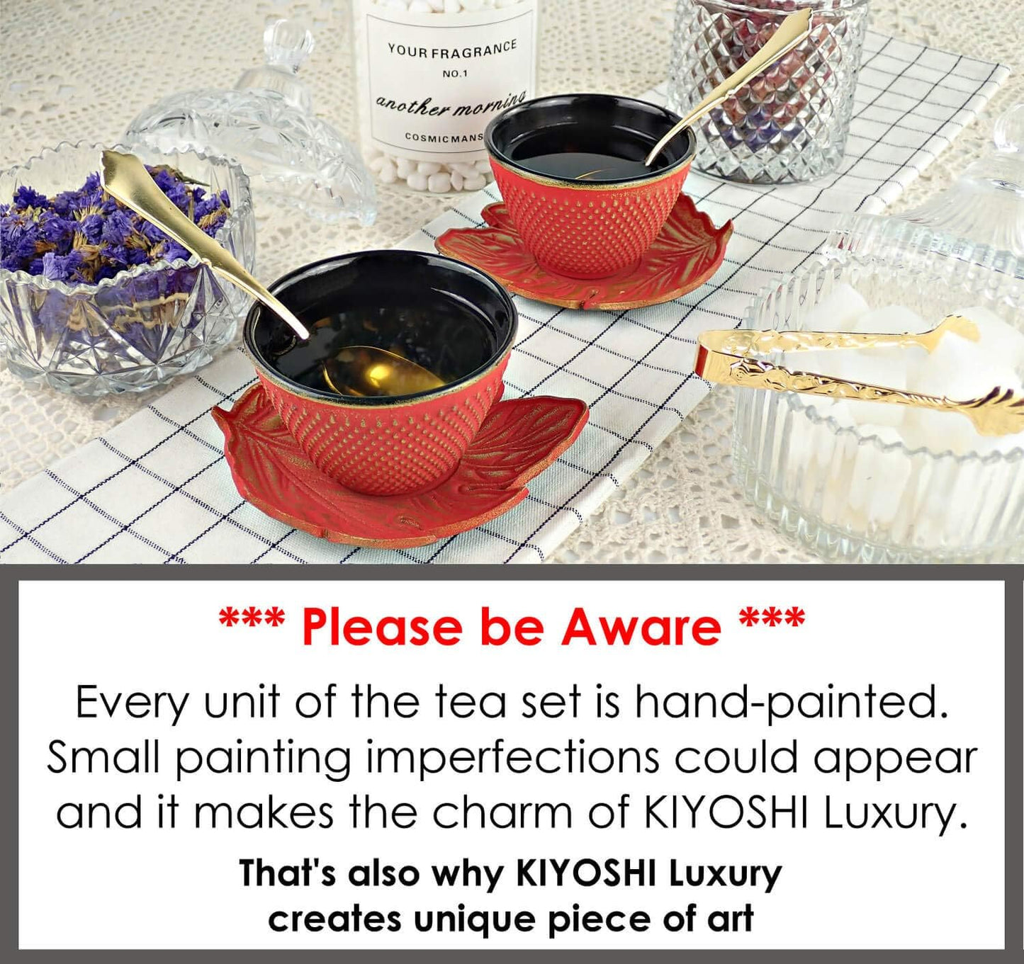 7PC Japanese Tea Set."Red Koi" Cast Iron Tea Pot with 2 Tea Cups, 2 Saucers, Tea Infuser and Teapot Trivet. Ceremonial Matcha Accessories