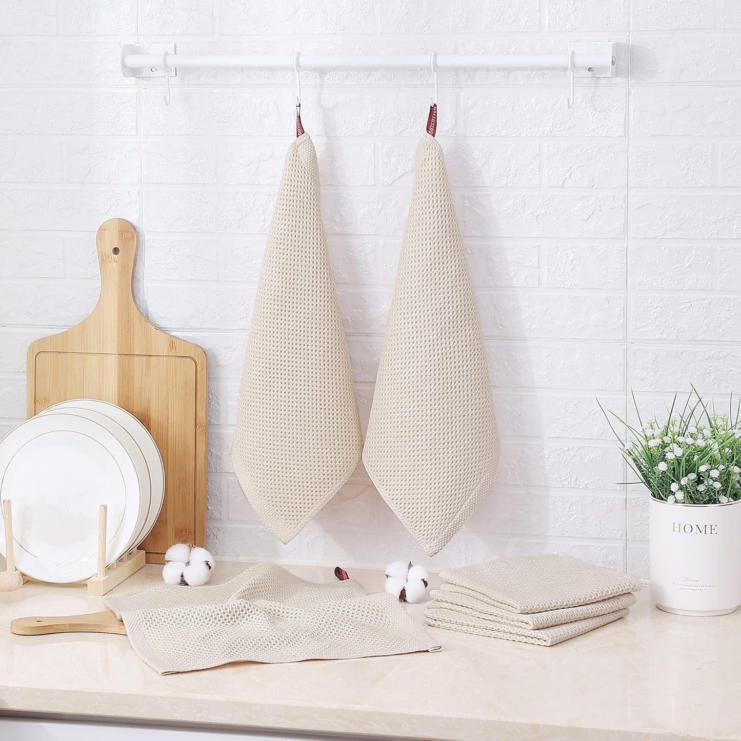 Kitinjoy 100% Cotton Kitchen Dish Cloths, 6-Pack Waffle Weave Dish Towels for Drying Dishes Super Soft Absorbent Quick Drying Dish Rags, 12 X 12 Inches, Beige