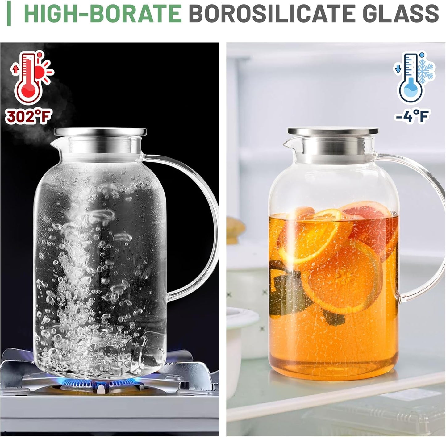 SUSTEAS 2.2 Liter 75oz Glass Pitcher with Lid, Easy Clean Heat Resistant Glass Water Carafe with Handle for Hot/Cold Beverages - Water, Cold Brew, Iced Tea & Juice, 1 Long-Handled Brush Included