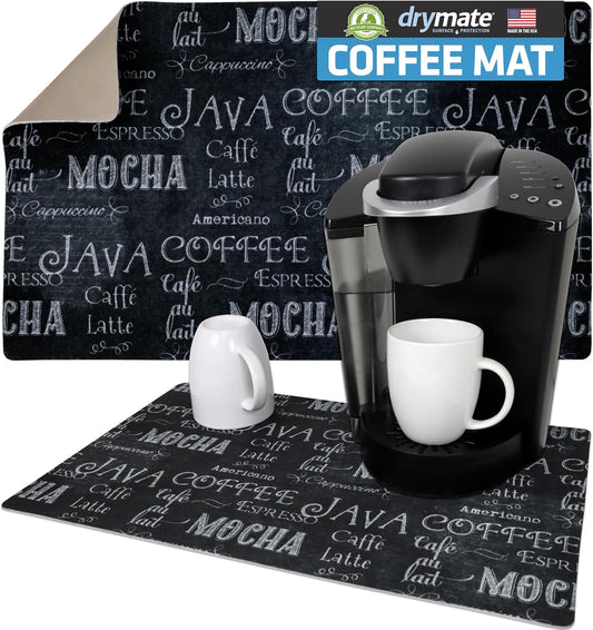 Drymate Coffee Maker Mat, (Coffee Station Bar Accessory) Protects Kitchen Countertops From Spills, Stains & Scratches, Absorbent, Waterproof, Washable (USA Made) (12” x 20”) (Java Chalkboard)
