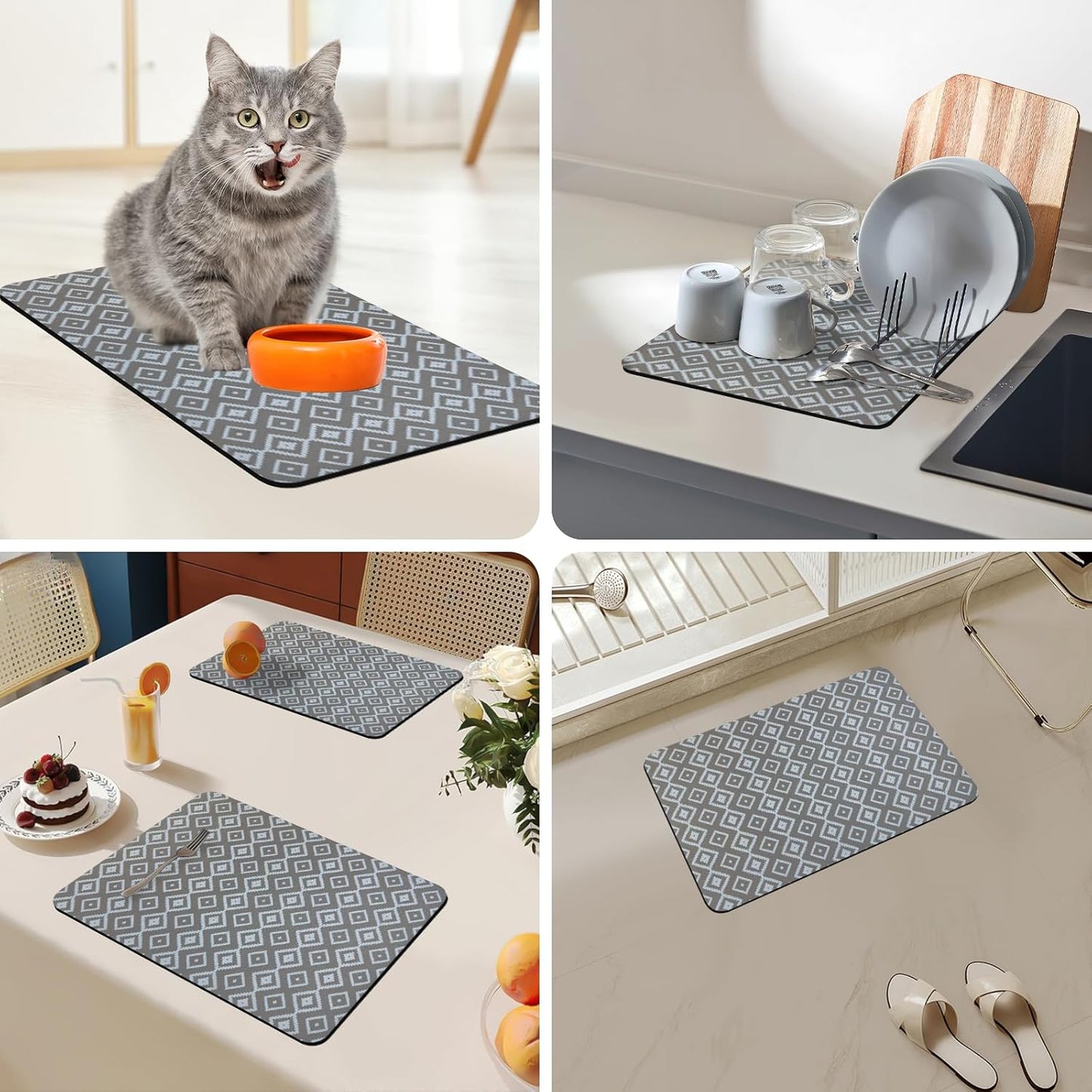 Bloss Dish Drying Mat, 12"x19" Absorbent Coffee Bar Mat with Waterproof Rubber Back, Fit Under Coffee Maker Machine/Kitchen Counter(Gray-White Plaid)