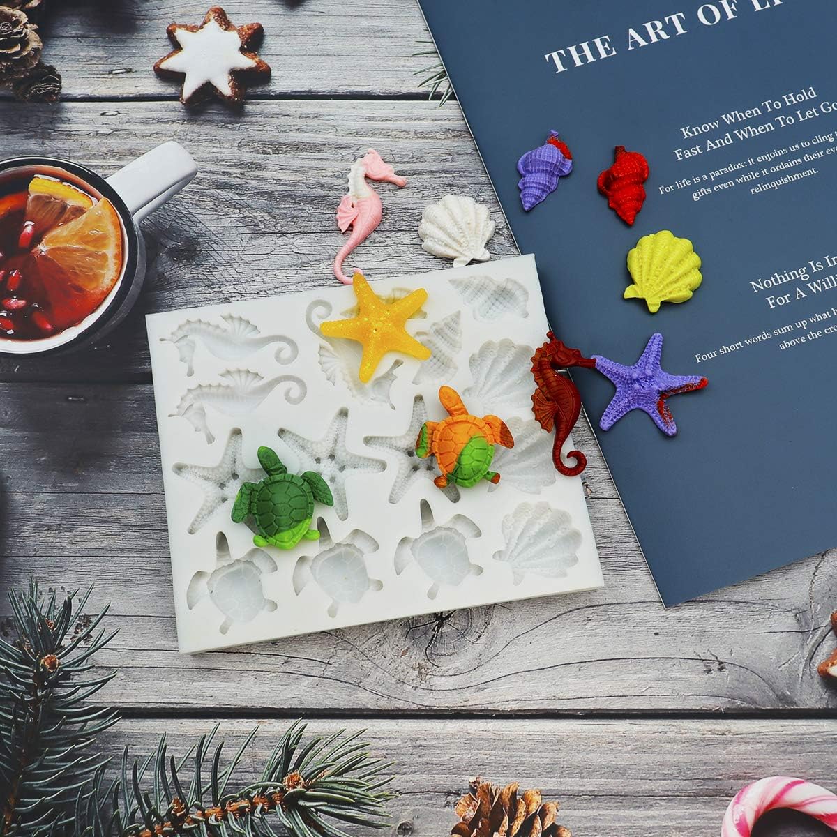 Sakolla Marine Theme Fondant Silicone Molds, Seashell, Conch, Seahorse, Starfish, Tortoise Silicone Mold for Cake Decoration, Chocolate Candy Sugar Craft