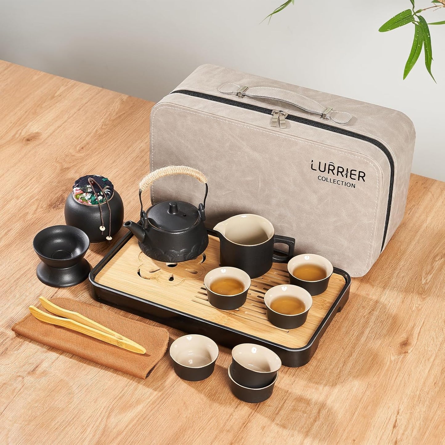 LURRIER Gongfu tea sets, Portable Ceramic TeaSet, Asian Tea sets for adult, Tea Gift sets, Grey leather case, Portable Travel Bag,Home,Gifting,Outdoor and Office(Black)
