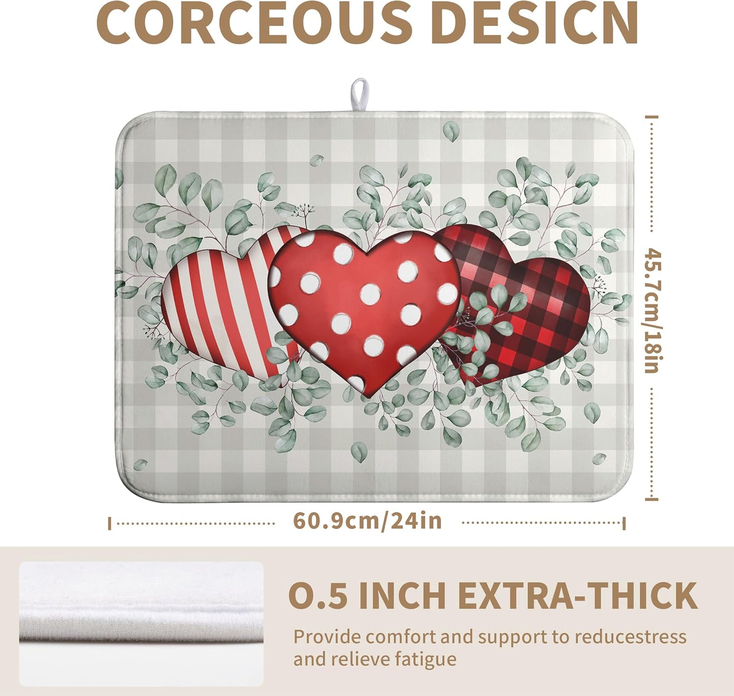 Valentines Day Dish Drying Mat Valentine Buffalo Plaid Eucalyptus Hearts Dishes Dryer Pad for Kitchen Countertops Microfiber 18x24 Inches