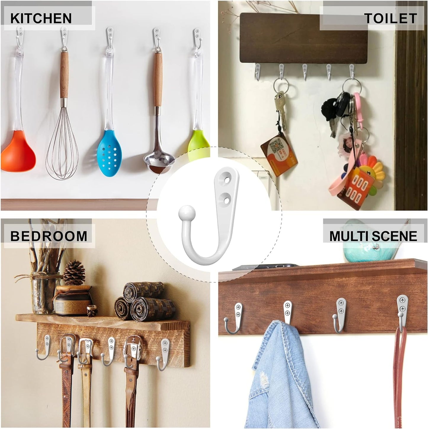 15PCS Coat Hooks - White Robe & Coat Wall Hooks with 30 Screws