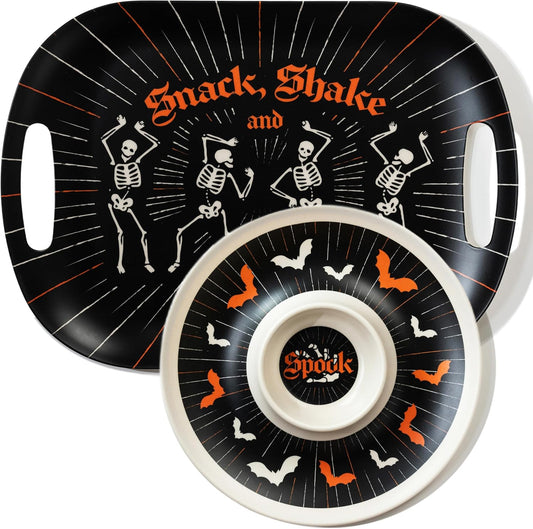 Oasis Choice 2-Pack Halloween Skeleton Serving Trays, 18" Large Handled Tray & 13" Chip & Dip Platter for Horror Party, BBQ, picnics and Birthday Decor (Bamboo Fiber, Black, 18inch)