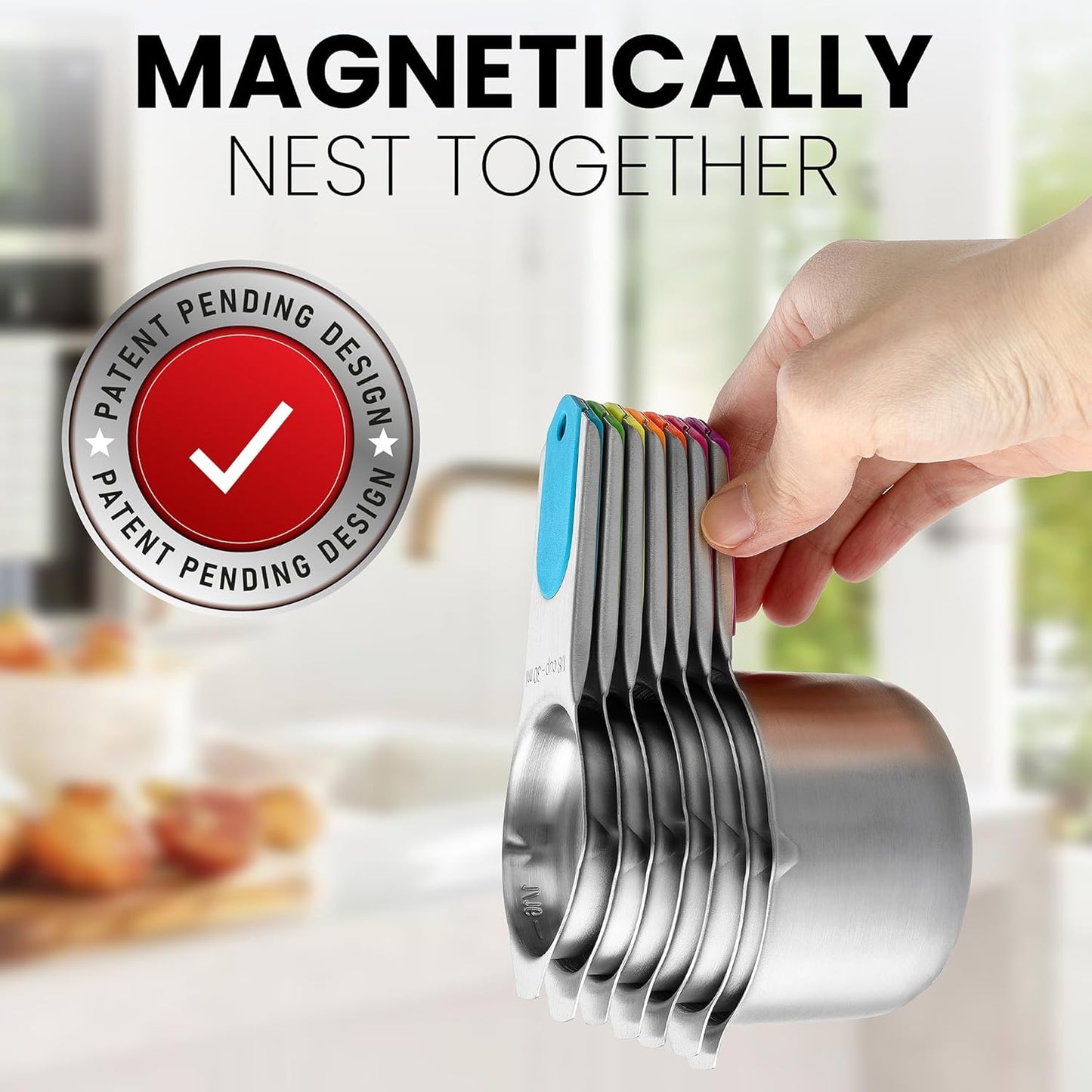 Spring Chef Magnetic Stainless Steel Measuring Cups (Patent Pending), Kitchen Tools with Easy to Read Markings for Measuring Dry or Liquid Ingredients, Set of 7, Neon