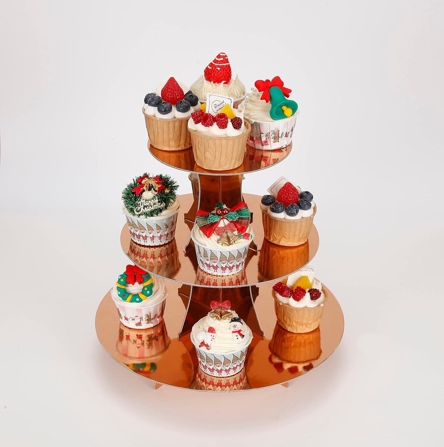 3-Tier Cupcake Stand, Rose Gold Cardboard Cake Stand holder, Tiered DIY Cupcake Stand Tower for Dessert Table Displays, Birthday Theme Party Favors Decoration, Floral Tea Party, 12" W x 12.8" H