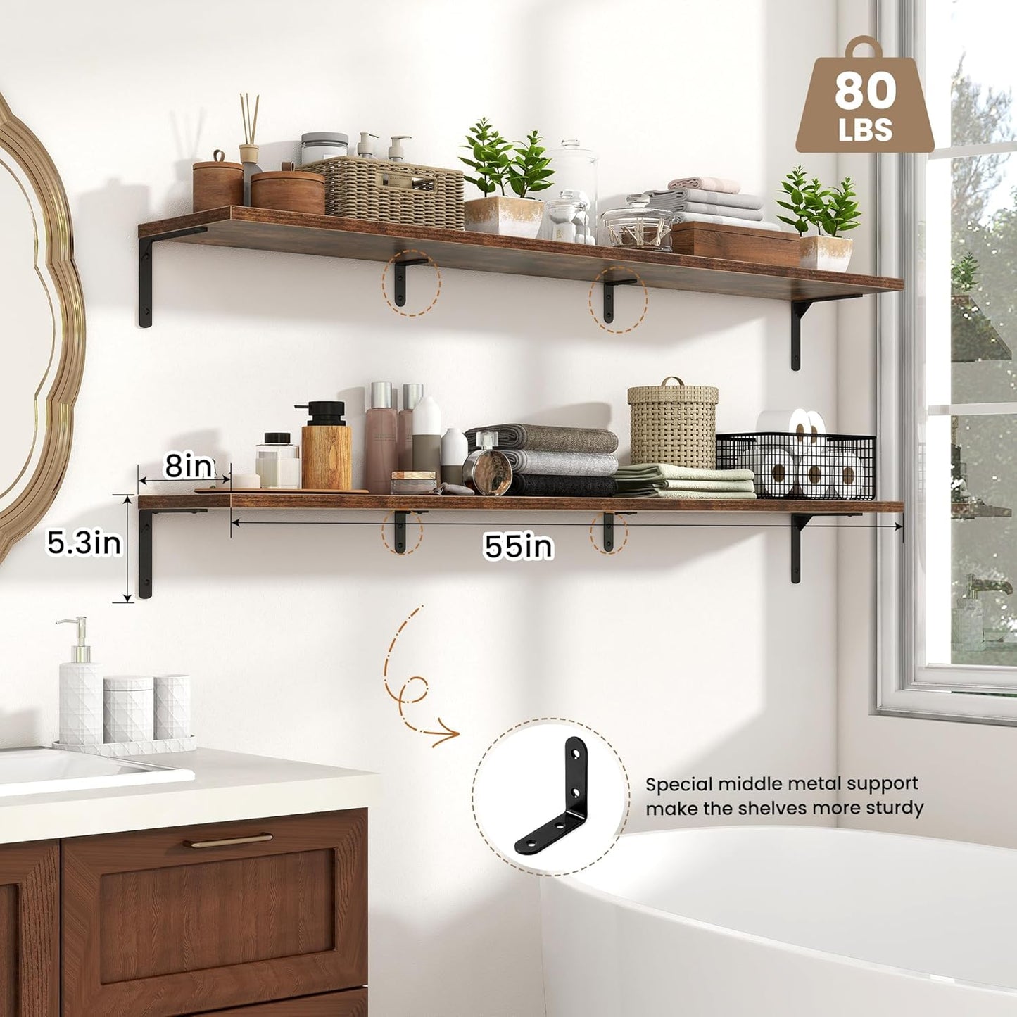 Fun Memories Deep Floating Shelves, 55W x 8D Floating Shelves Set of 2, Wall Mounted Shelf with Metal Brackets, Rustic Wood Wall Shelf for Bathroom, Kitchen and Living Room, Rustic Brown