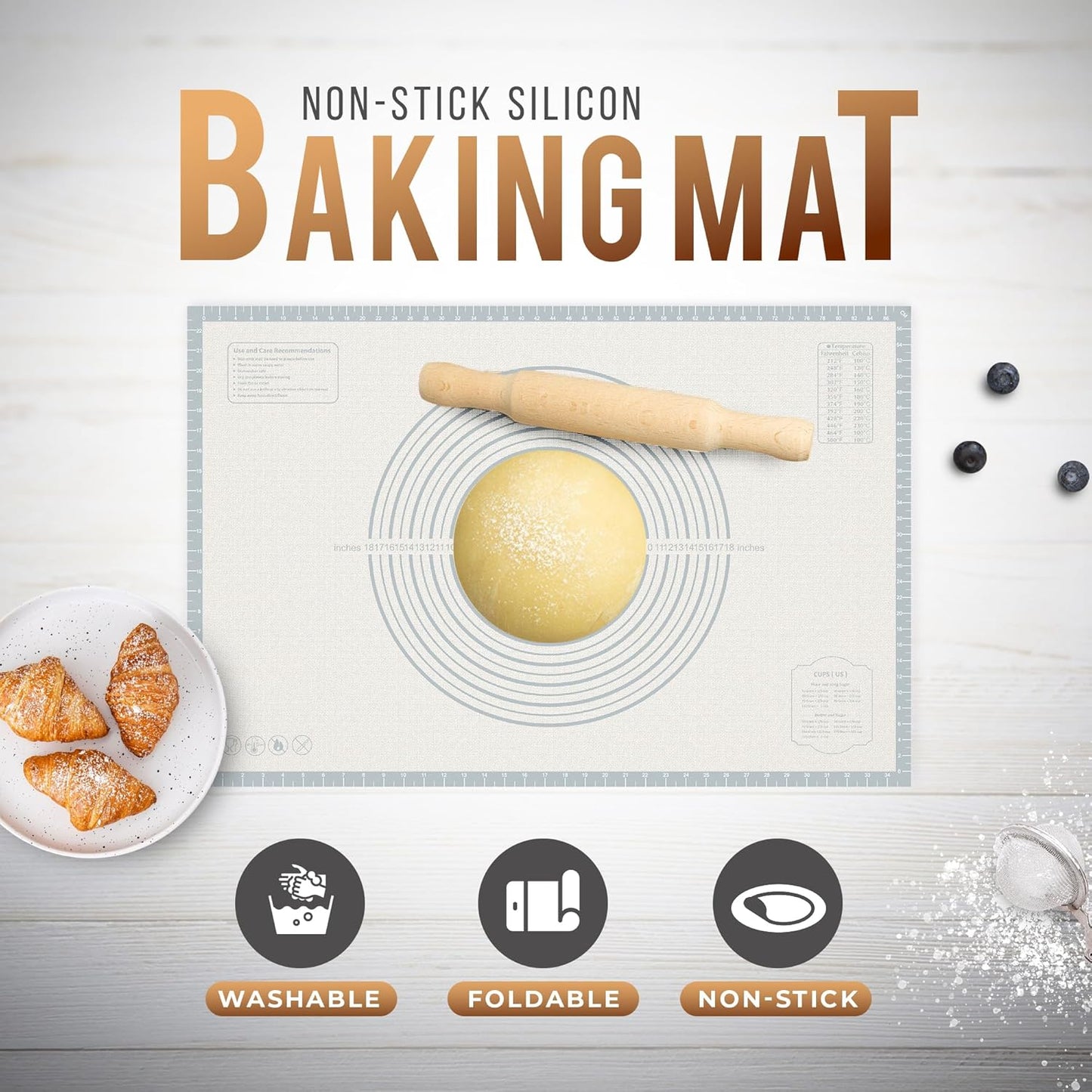 26 * 16 inches White grey, Non-Slip Silicone Baking Sheets - Baking Mat with 0.7mm Thickness - Non-Stick Pastry & Cookie Mat for Kitchen Counter for Rolling Out Dough with Measurements.