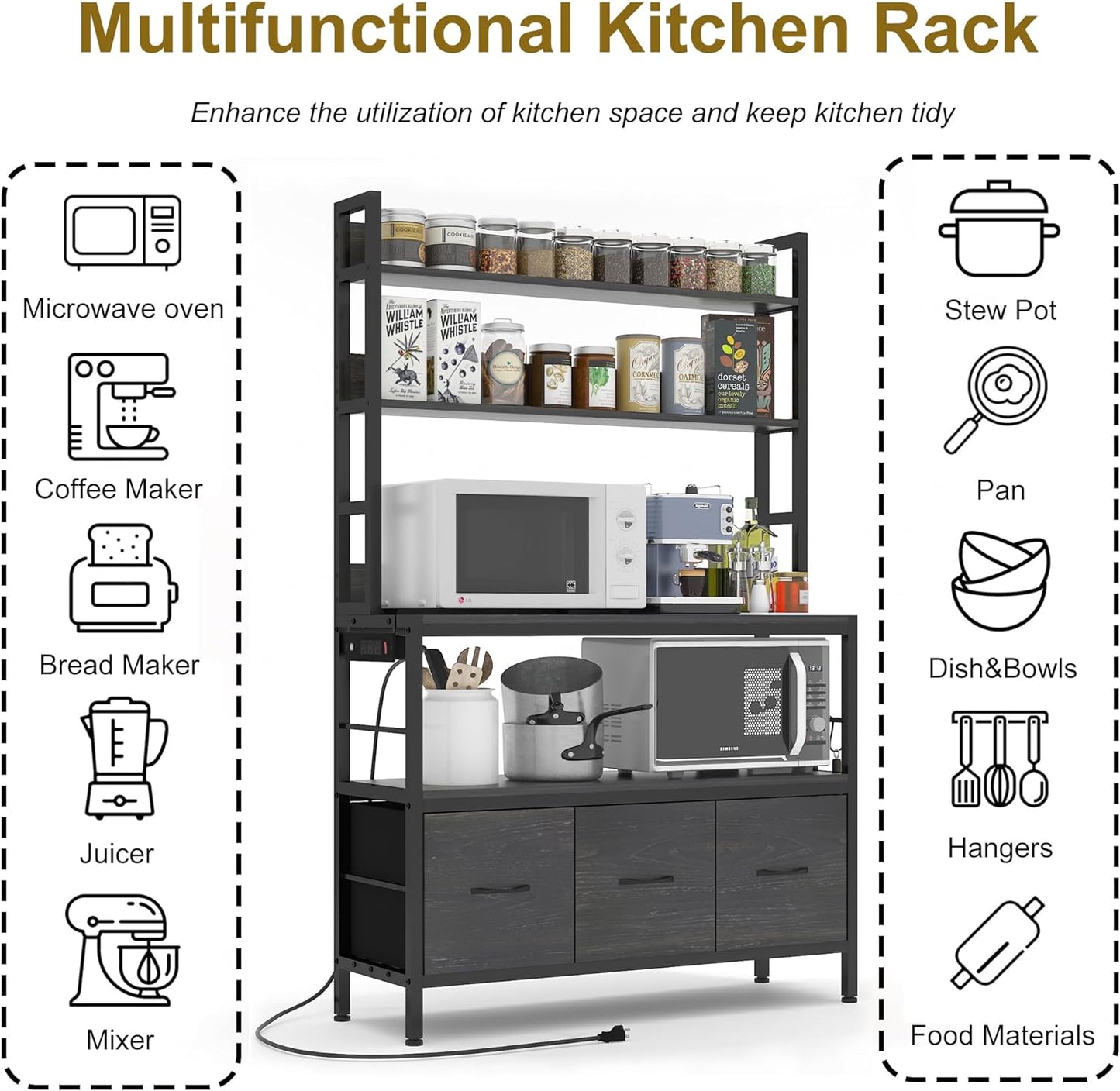 Bakers Rack with Power Outlet,5-Tier Free Standing Kitchen Storage Shelf Bakers Rack with Baskets,Industrial Microwave Oven Stand,Metal Kitchen Rack Organizer with Hooks(Black)