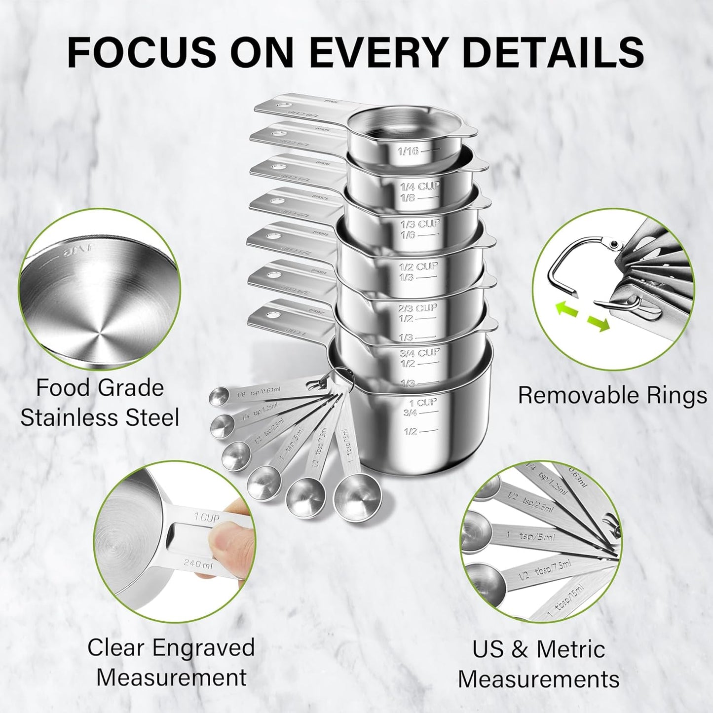 Vakoo 13-Piece Stainless Steel Measuring Cups and Spoons Set - Stackable & Nesting, U.S./Metric Dual Markings, Dishwasher Safe, Kitchen Gadgets for Baking & Cooking