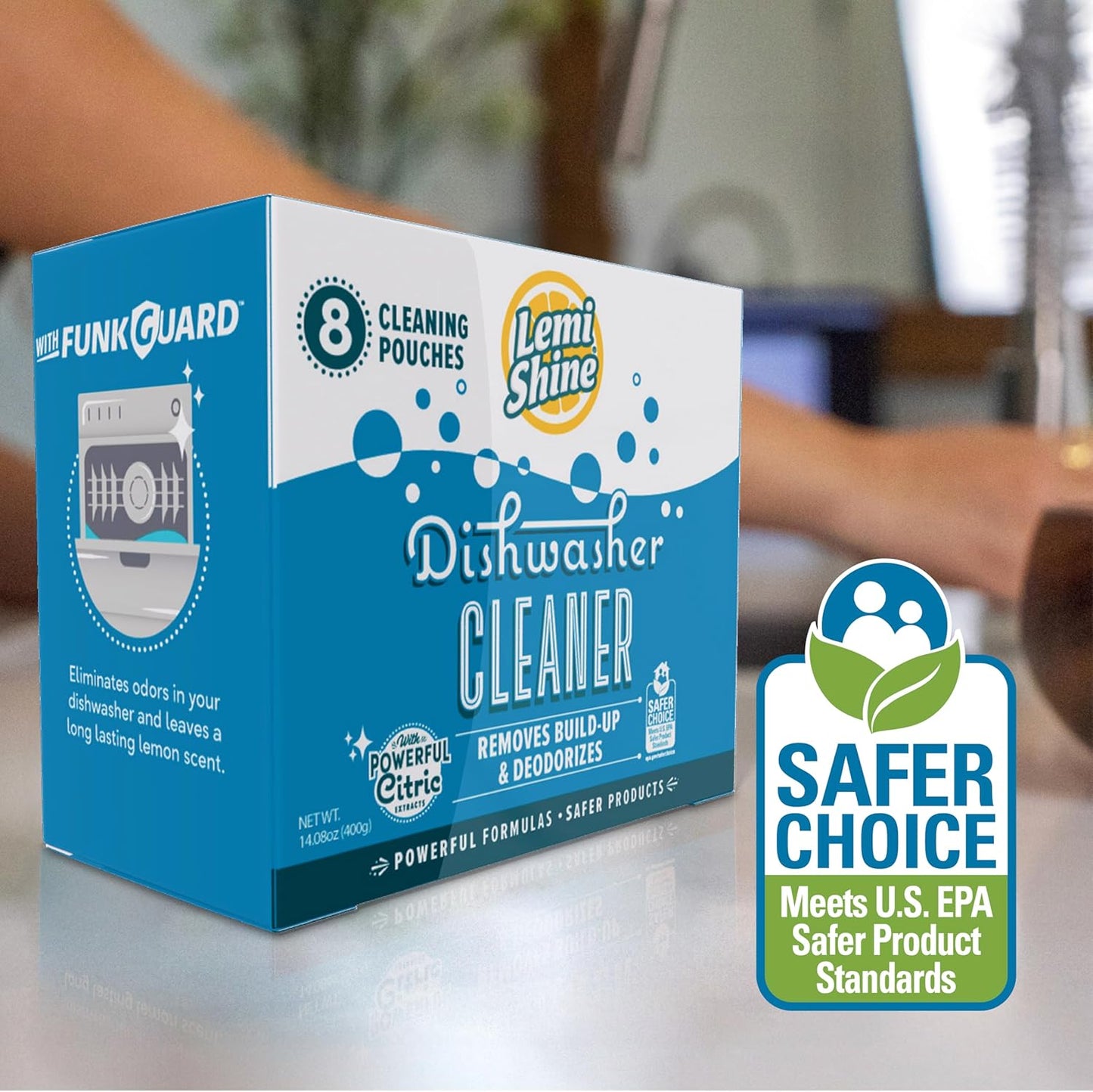 Lemi Shine Natural Dishwasher Cleaner Powered By Citric Acid | 100% Guaranteed Hard Water Cleaning Powder | Eco-Friendly Dishwasher Cleaner and Deodorizer With Fresh Lemon Scent (8 Count)