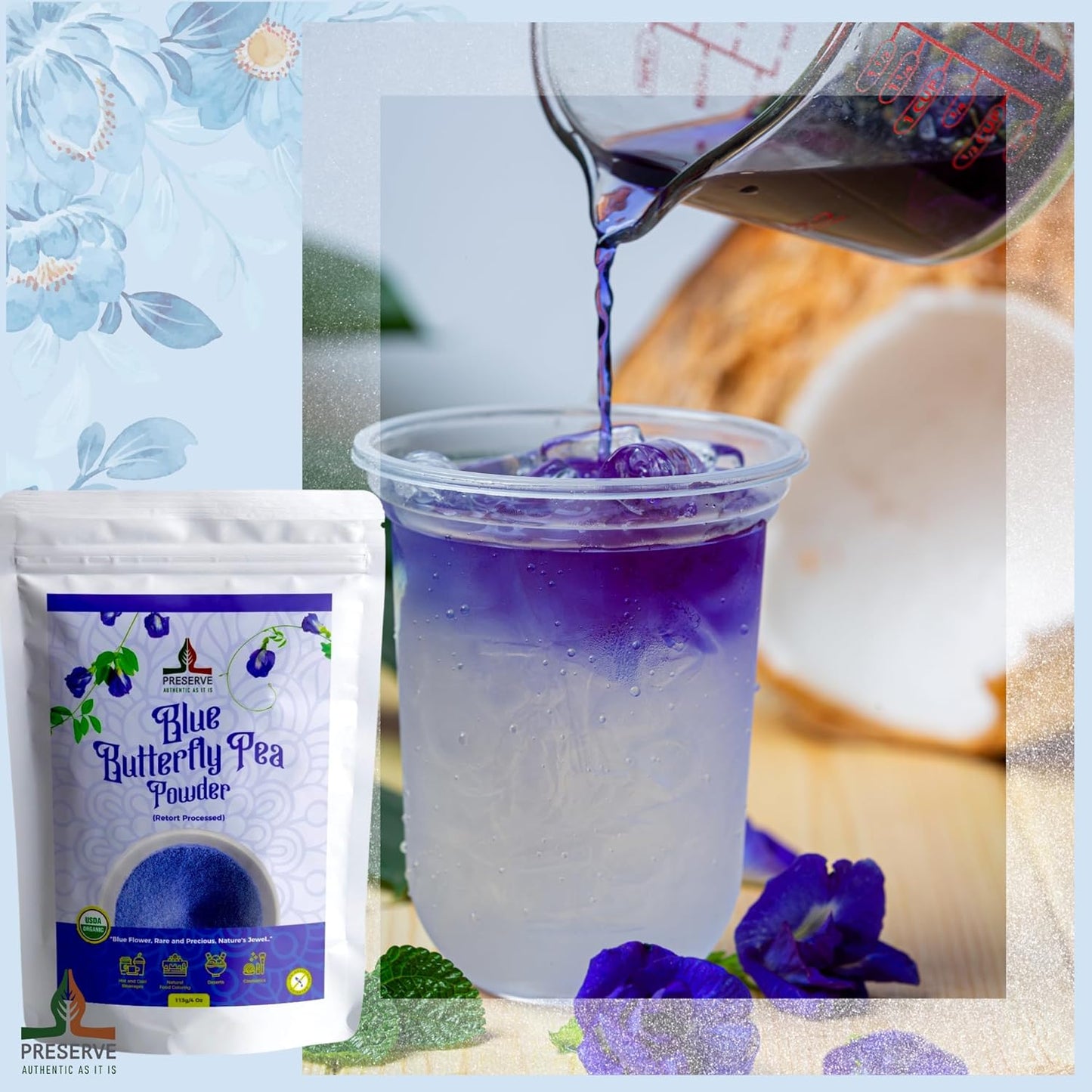 Pure Butterfly Pea Flower Powder, 100% Pure Natural Food Coloring, Non-GMO, Vegan, Retort Processed, Antioxidant-Rich, Blue Lotus Flower Powder