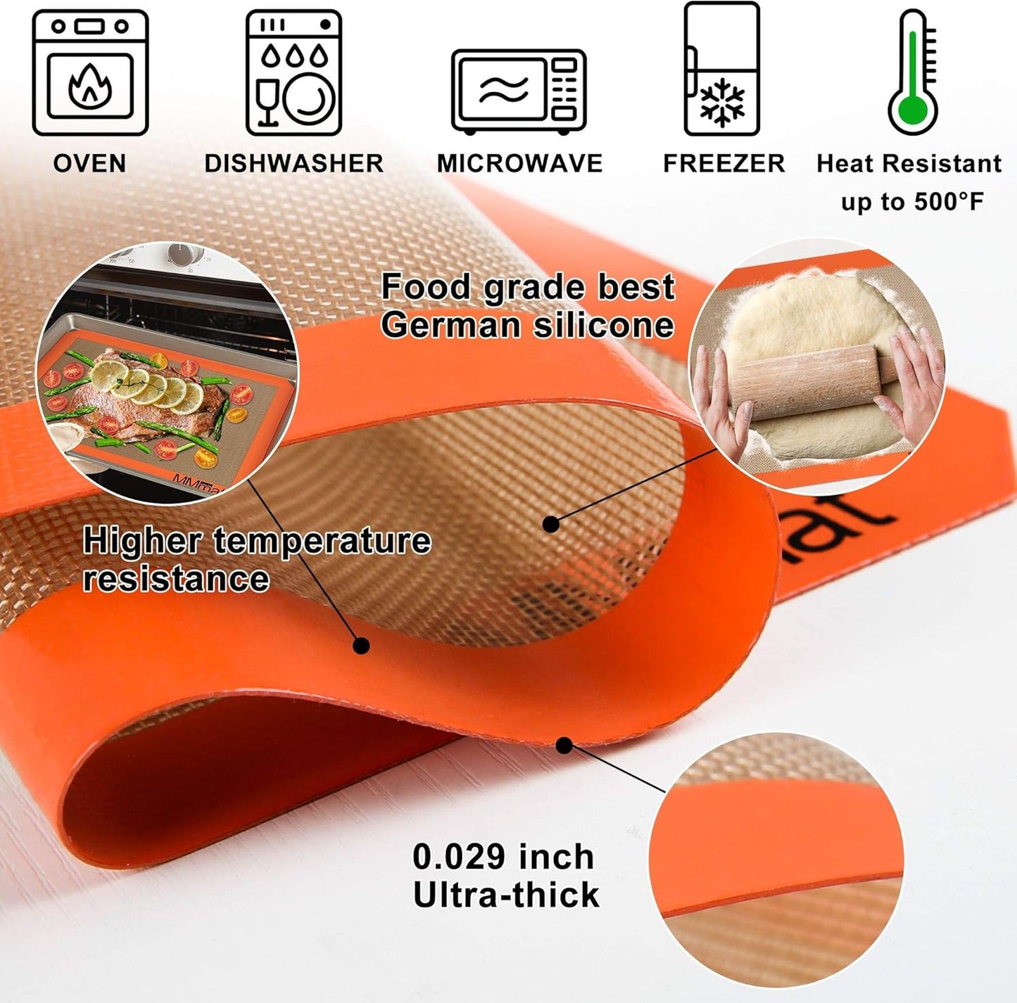 Silicone Baking Mat - Best German Silicone - Non Slip Silicone Baking Sheet, Non Stick Reusable Silicone Mats for Baking, Oven Liner, Counter Mat - 2 Quarter Sheets Baking Mat