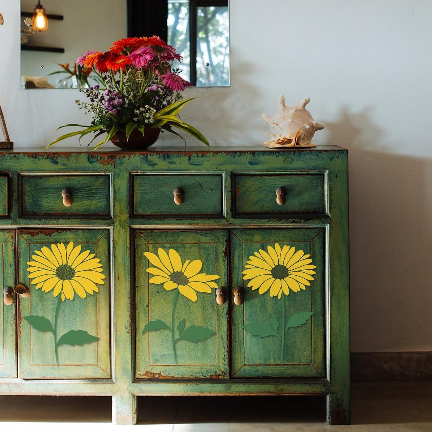 15PCS Large Flower Stencils for Wood Fence 12 x 12 Inch Sunflower Stencil with Brushes Reusable Floral Wall Stencil Sunflower Stencils for Painting on Walls Furniture Garden Fabrics