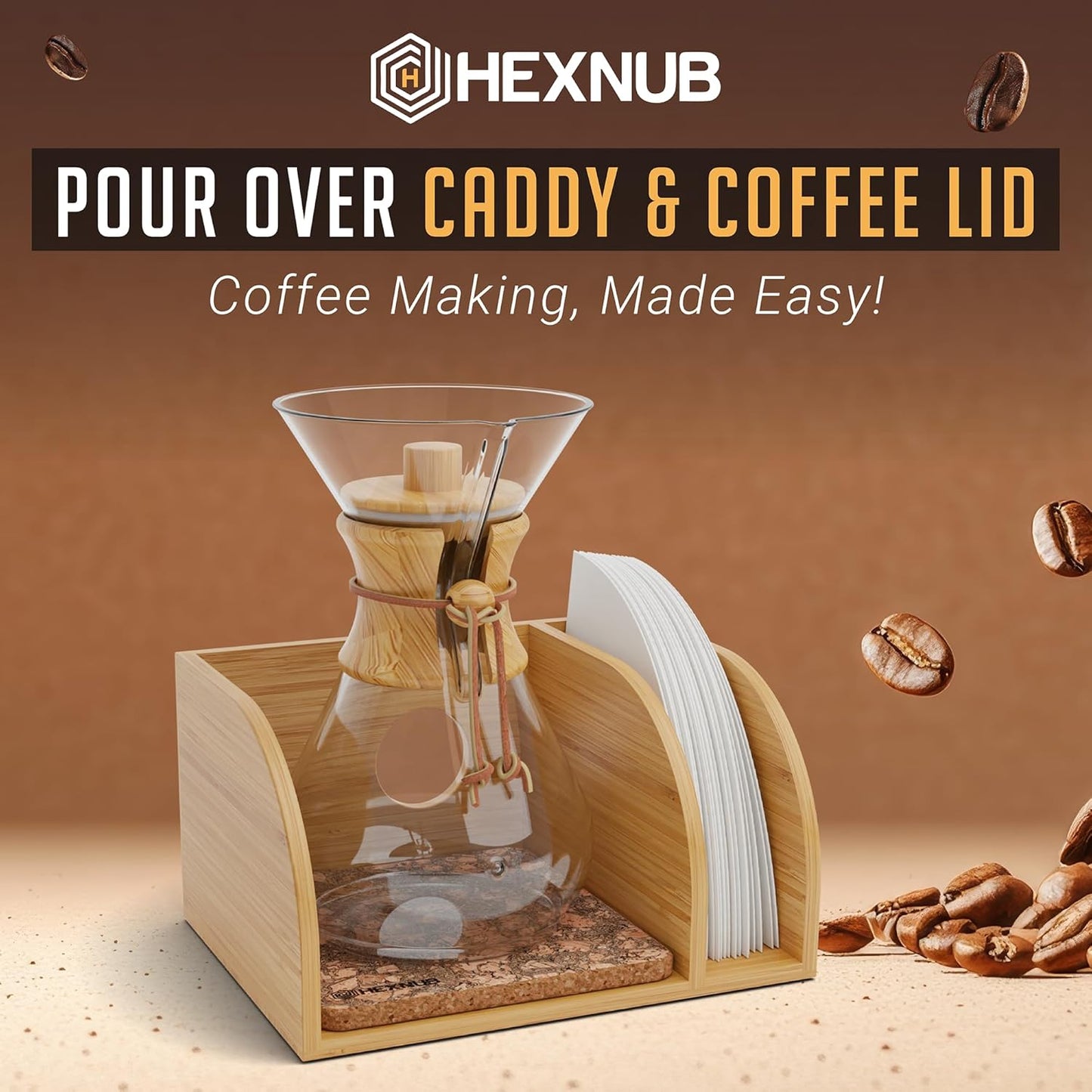 HEXNUB – Caddy and Lid for Pour Over Coffee Maker, Bamboo Stand fits Chemex, Bodum, Cosori Coffee Carafes, Heatproof Mat, Filter Holder for Drip Coffee Maker - Cork Mat